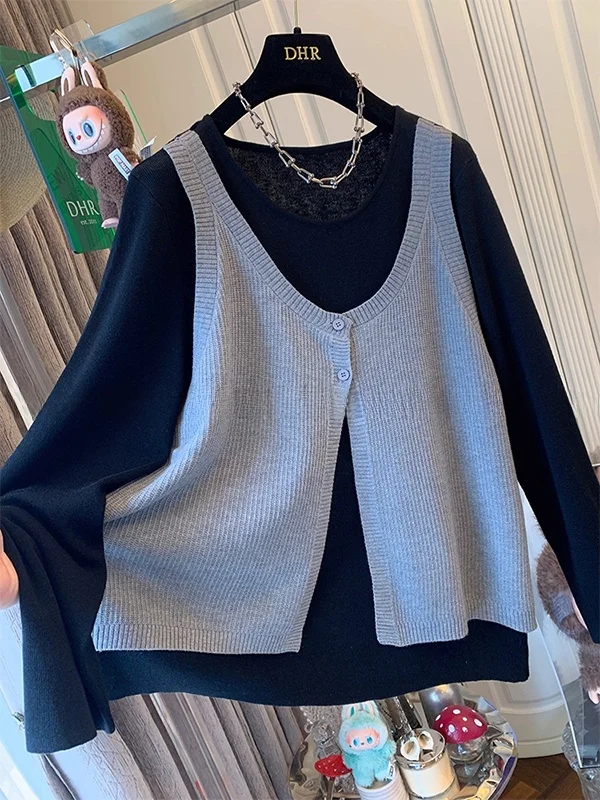 

Очень большой вязаный свитер-жилет в стиле Design Sense, свободный крой, осенне-зимний, модный, трендовый, комплект из двух предметов, повседневная одежда