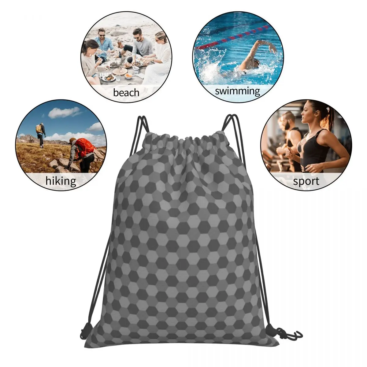 Hexagon Gray Pattern Backpacks Portable Drawstring Bags Drawstring Bundle Pocket Sports Bag Book Bags For Travel Students