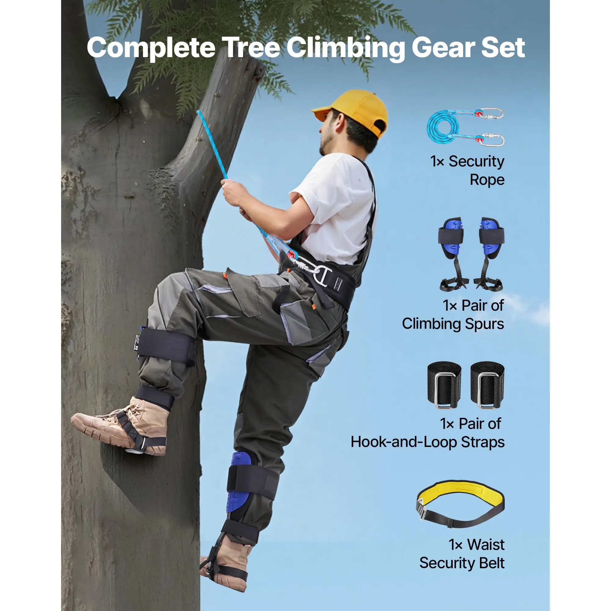 Height Adjustable Tree Climbing Spurs Set with Steel Climbing Spikes Straps Waist Harness 350 lbs Heavy Duty Arborist Gear for fruit Picking Hunting