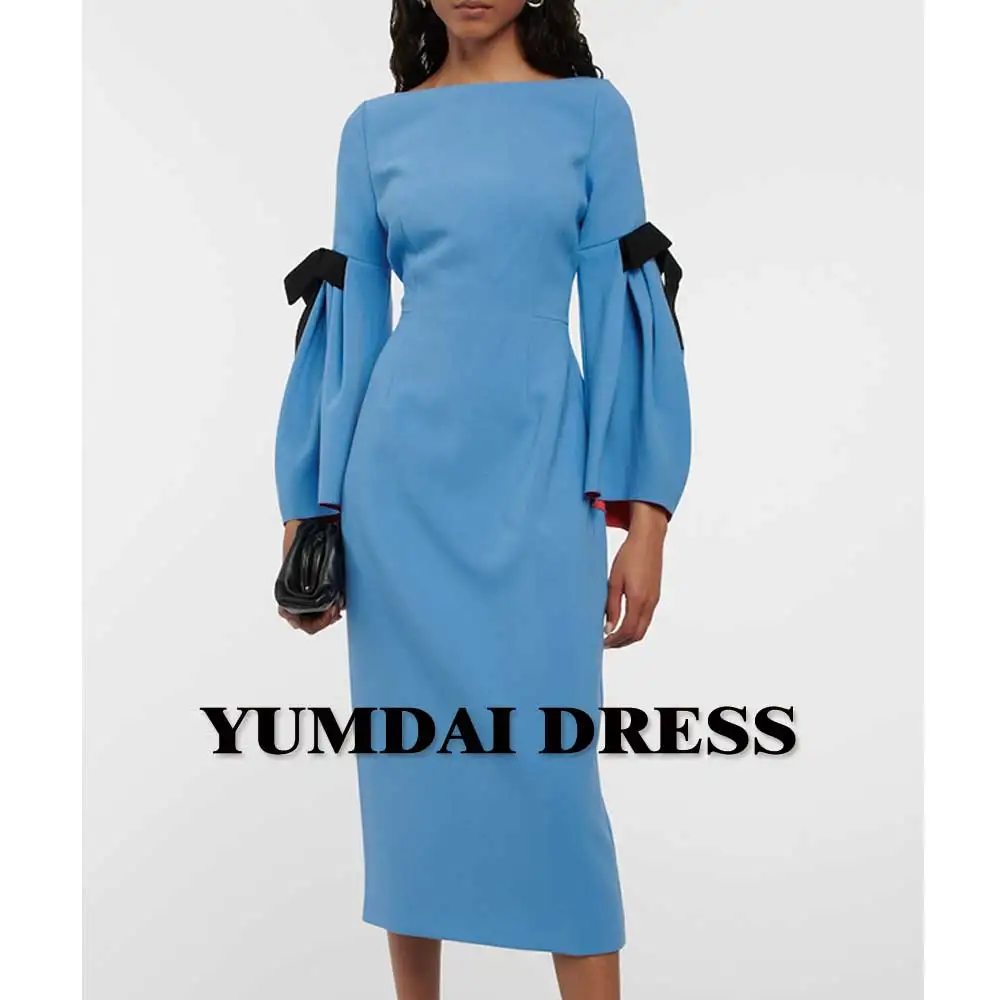 

YUMDI Sky Blue Crepe Evening Dress For Women Special Occasion Ball Gown Black Matching Bow Lace-up Pastoral Wedding Party Dress