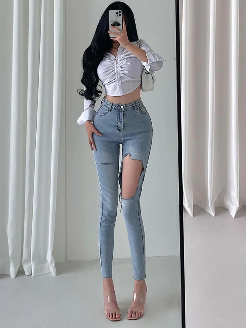 

WOMENGAGA Spicy Girls Sexy High Waist Tight Slim Hole Pencil Pants Jeans Hot Sexy Korean Women Pants Trousers Fashion 8S2Y