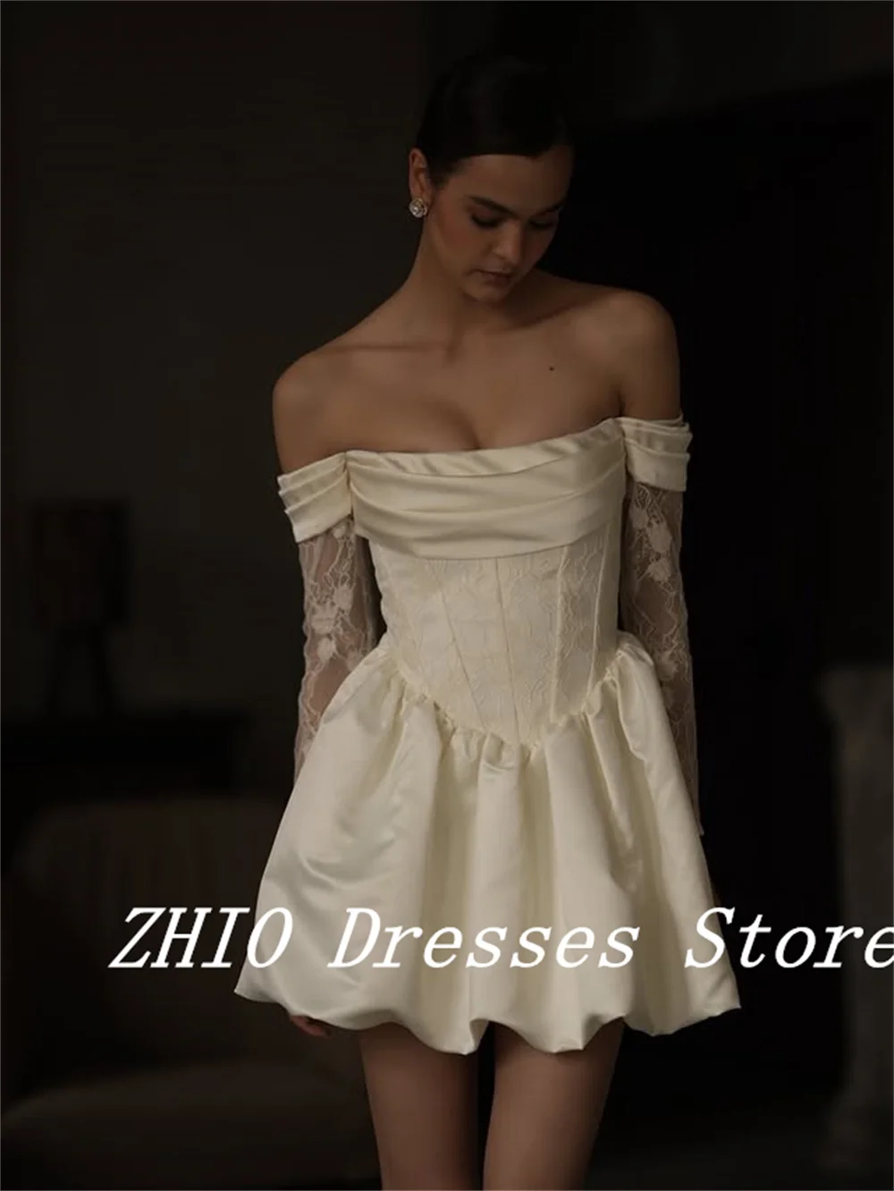 ZHIO exquis blanc Mini a-ligne robe de mariée sans bretelles dentelle manches vestidos de novia Satin robes de mariée personnalisé Marige