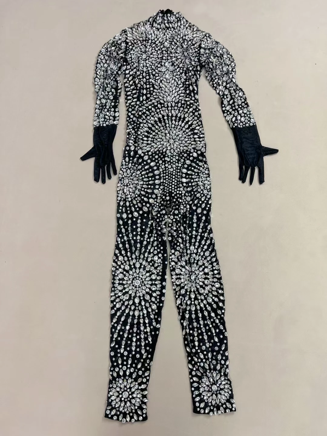 Waixingren Luxury Sparkly Silver Crystals Black Sheer Mesh Jumpsuit Festival Party Nightclub Outfit Sexy Women Tight Jumpsuit