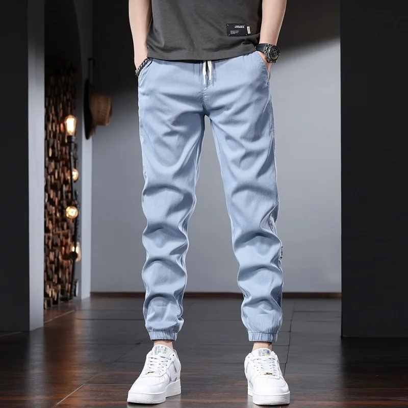 Summer Blue Casual Pants Men Fashion Sport Side Stripe Elastic Waist Drawstring Joggers Trousers