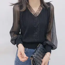 Elegant Sexy Solid Color Lace Shirt Spring Summer Spliced Gauze Loose Women's Clothing V-Neck All-match Long Sleeve Blouse 2022