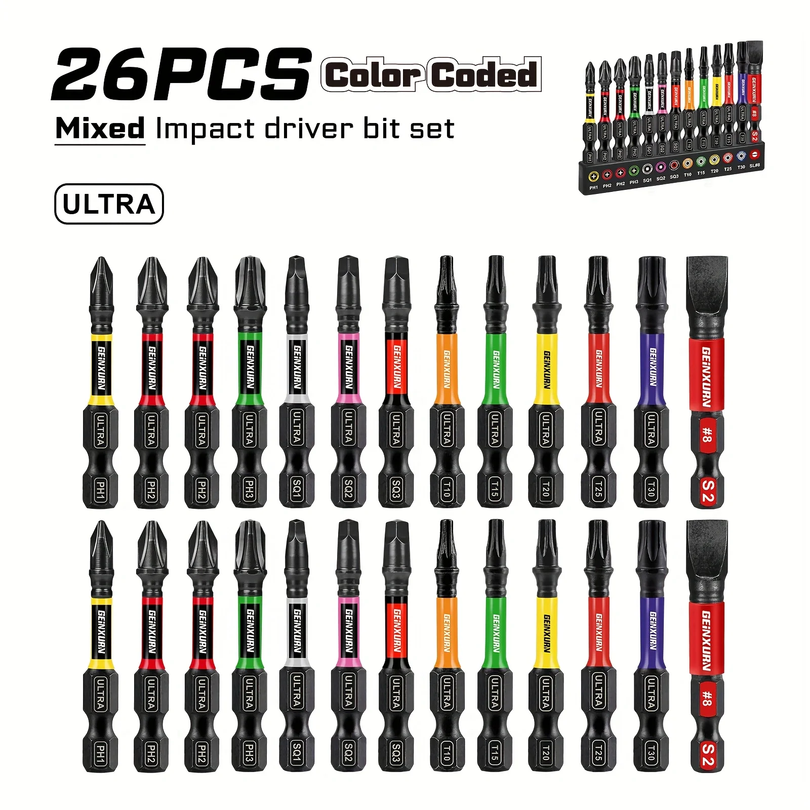 Geinxurn 13PCS Impact Phillipes/Vierkante/Slotted Schroevendraaier Bits Set, 2 ''Magnetische S2 Stalen Bits Set met Kleurgecodeerde Basis
