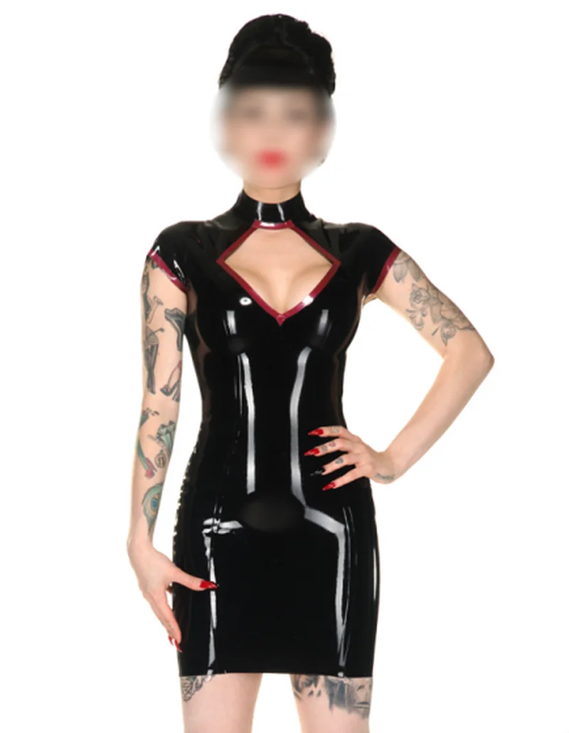 

Black Sexy Latex Diamond Dress Rubber Keyhole Dress with Red Trims and Back Zipper for Women Customize