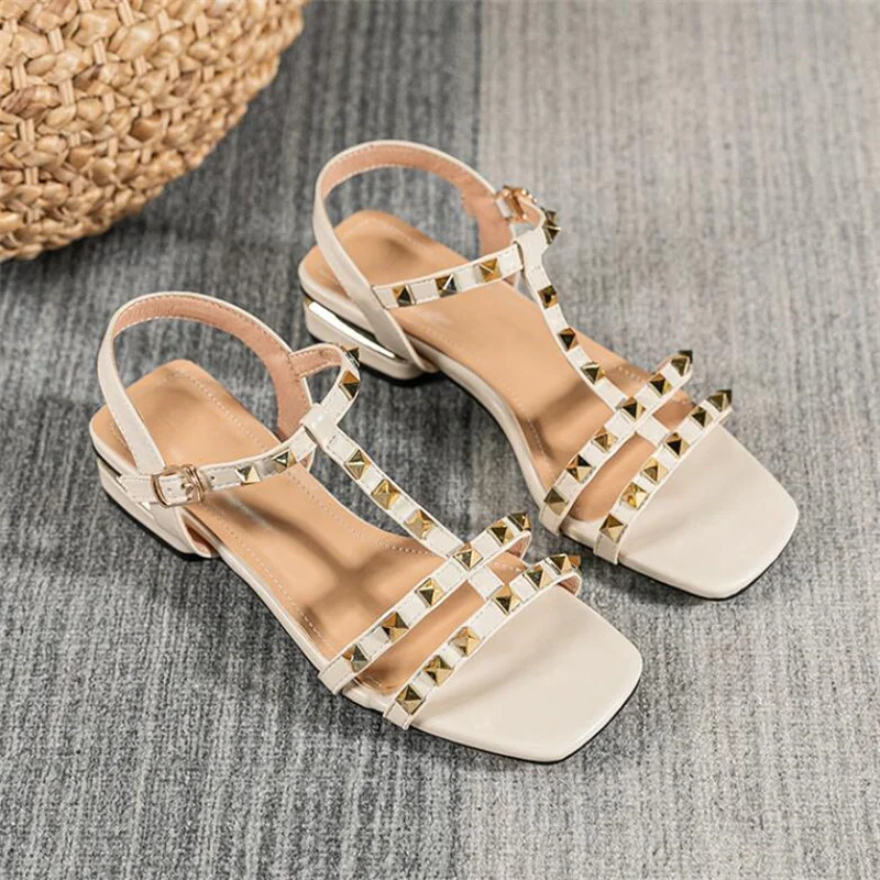 Summer Low Heel Women Rivets Sandals Thin Ribbon Fashion Korean Design Girls Shoes Large Size Wear Slippers