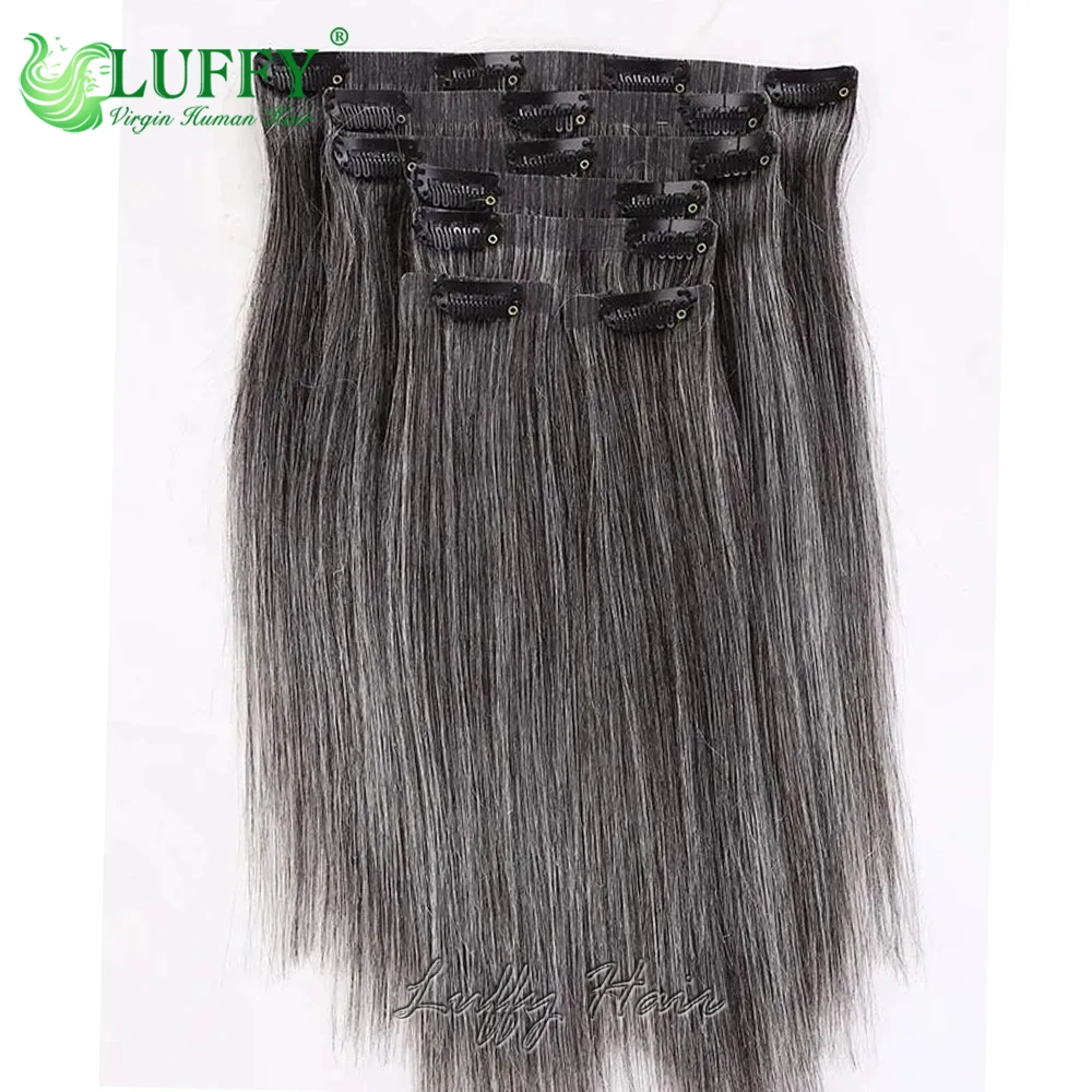 Salt Pepper Seamless PU Clip In Hair Extensions Прямые человеческие волосы Уток кожи Серый цвет волос Clip Ins Человеческие волосы для женщин