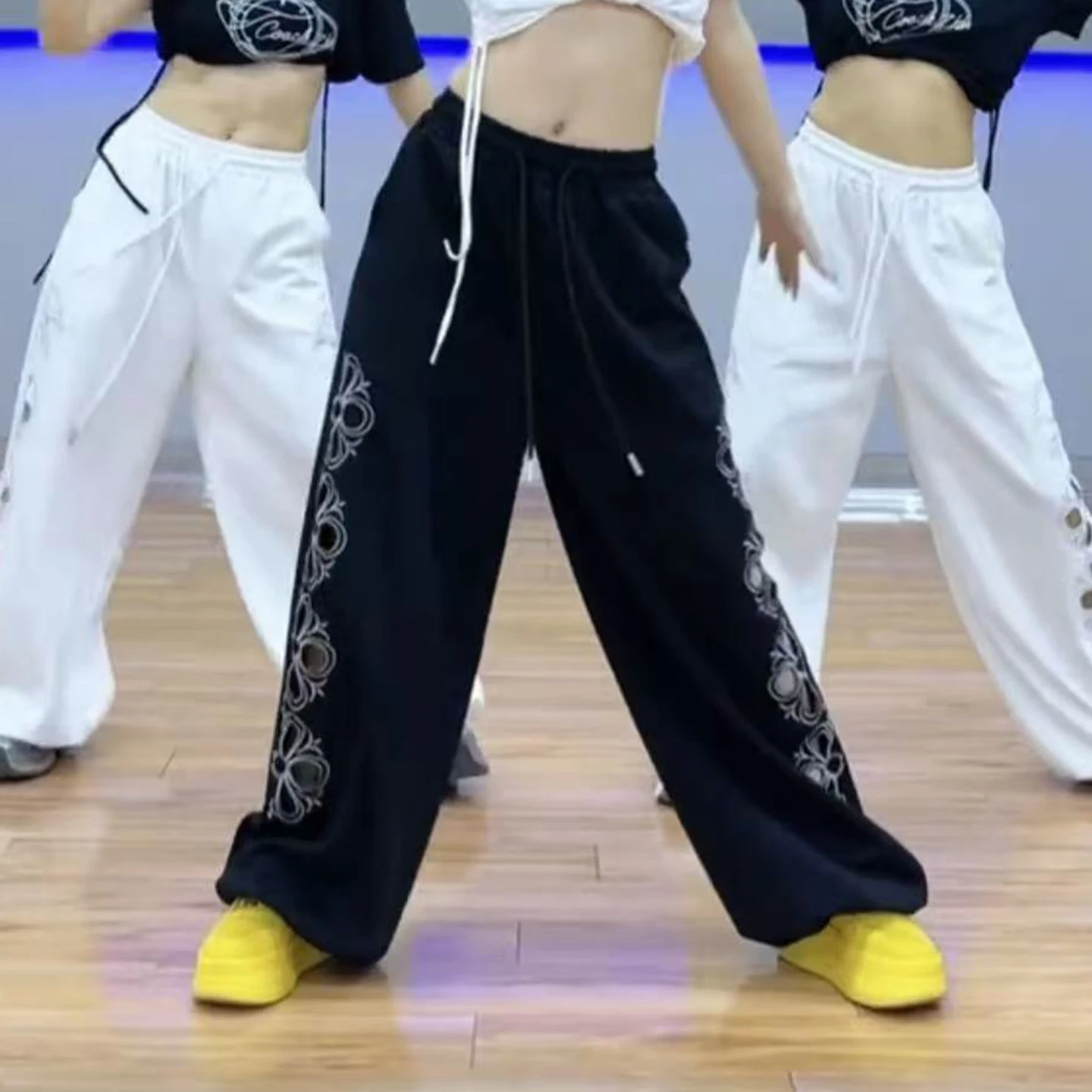 summer-embroidered-casual-square-dance-pants-women's-loose-flower-patterned-straight-leg-trendy-dance-trousers