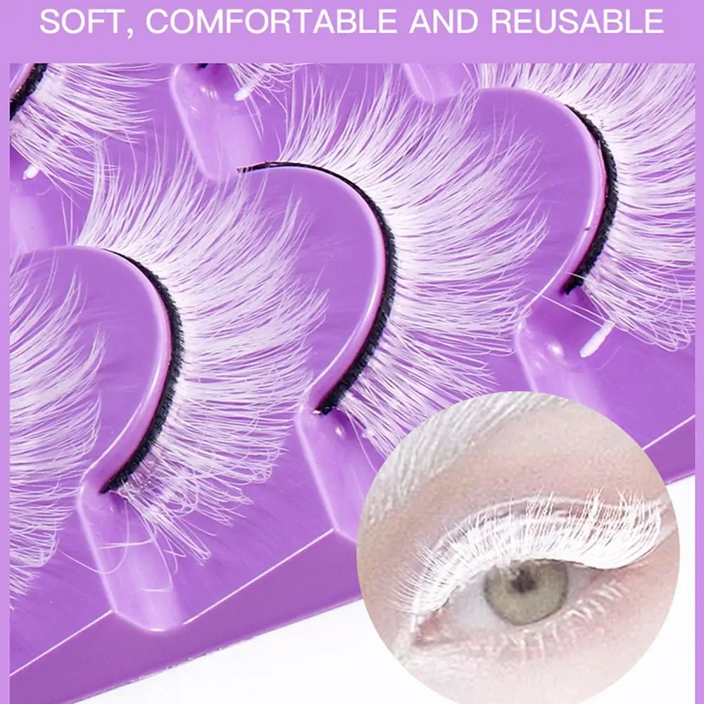 7 Pairs White False Eyelashes Exaggerated Lashes Extension 3D Curled Lashes Faux Fibre Reusable Thick Fluffy Lashes