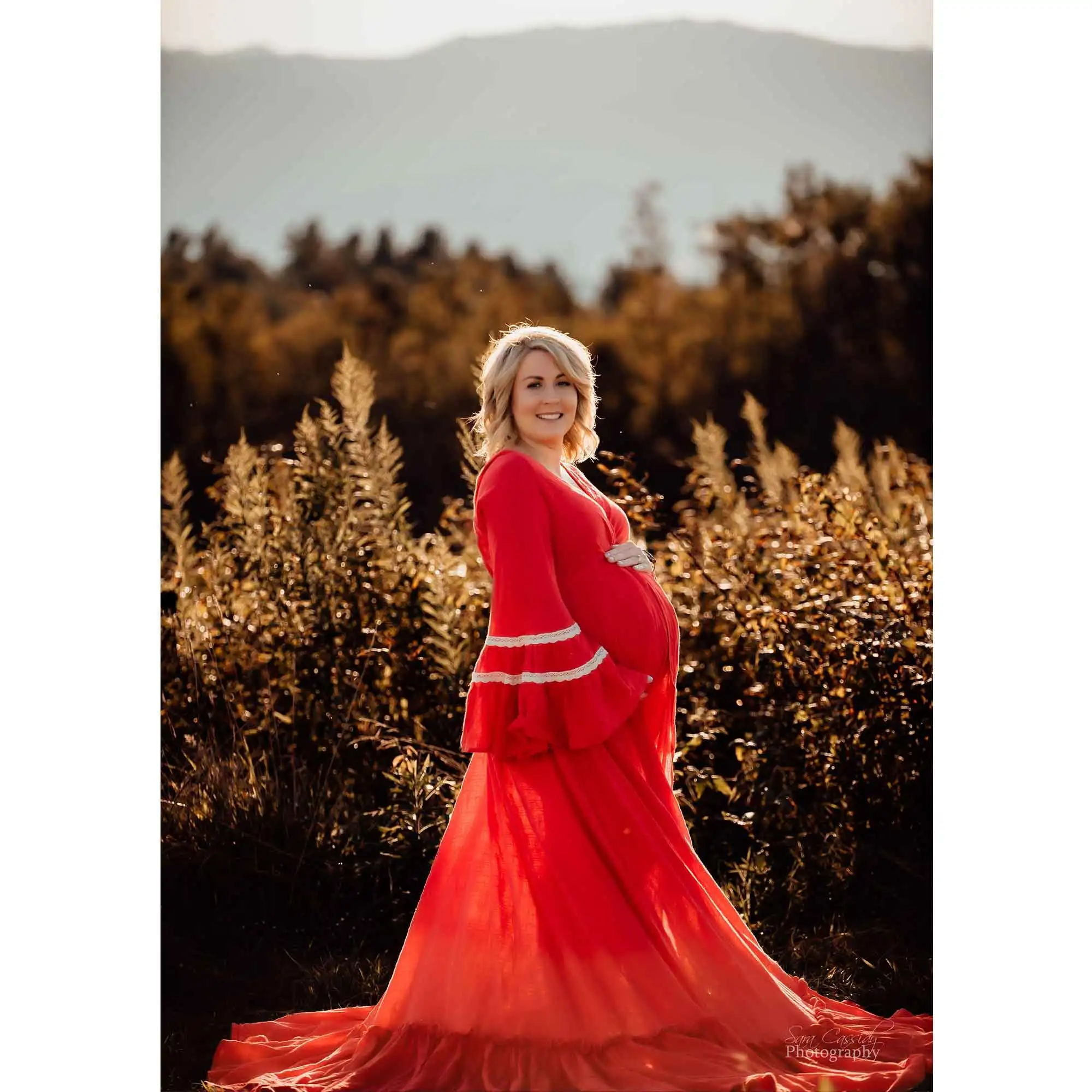 Don&Judy Vintage Deep V-Neck Cotton Linen Maternity Evening Gown Long Sleeve Ruffle Cuff Maxi Dress with Front Slit Sweep Train