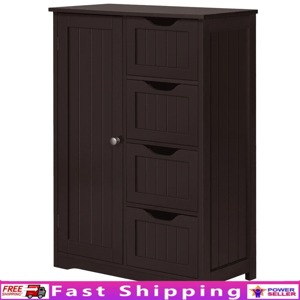 

4 Drawers Wooden Bathroom Cabinet Freestanding Storage Organizer with Adjustable Shelves Beadboard Design Wall Mountable