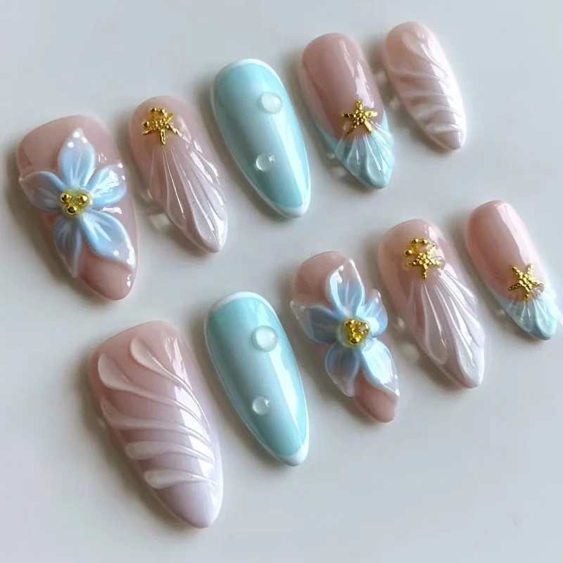 24pcs Blue Flower False Nails Reusable Almond Press on Nails with Starfish Design Fake Nail Finished for Women  Manicure Tips