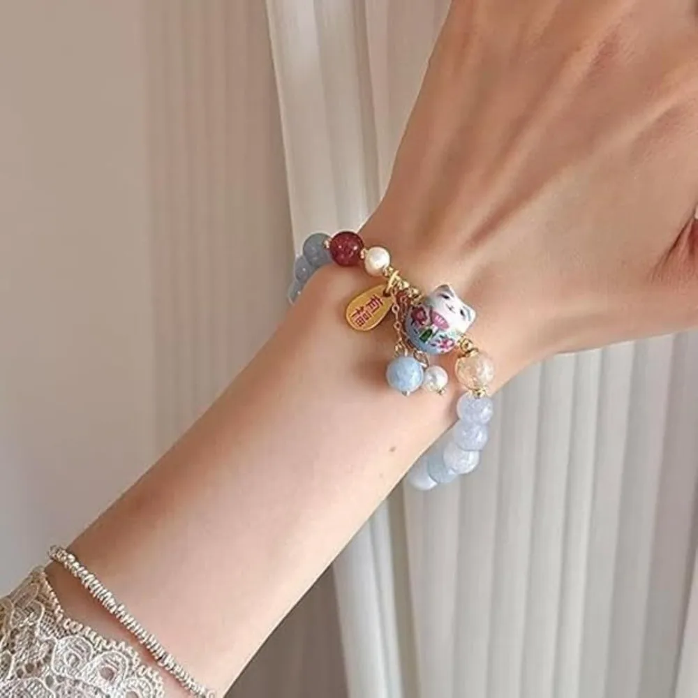 New Blue Crystal Lucky Cat Bracelet Ceramic Cat Pendant Cute Good Luck Jewelry Fortune Bracelet Fortune Enhancement