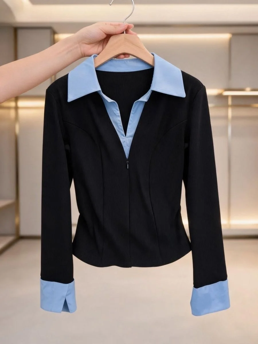 Women's Long Sleeve V-Neck  Collar Fake Two-Piece Shirt Trendy Small Size Design Autumn Top Commute Style Fashionable