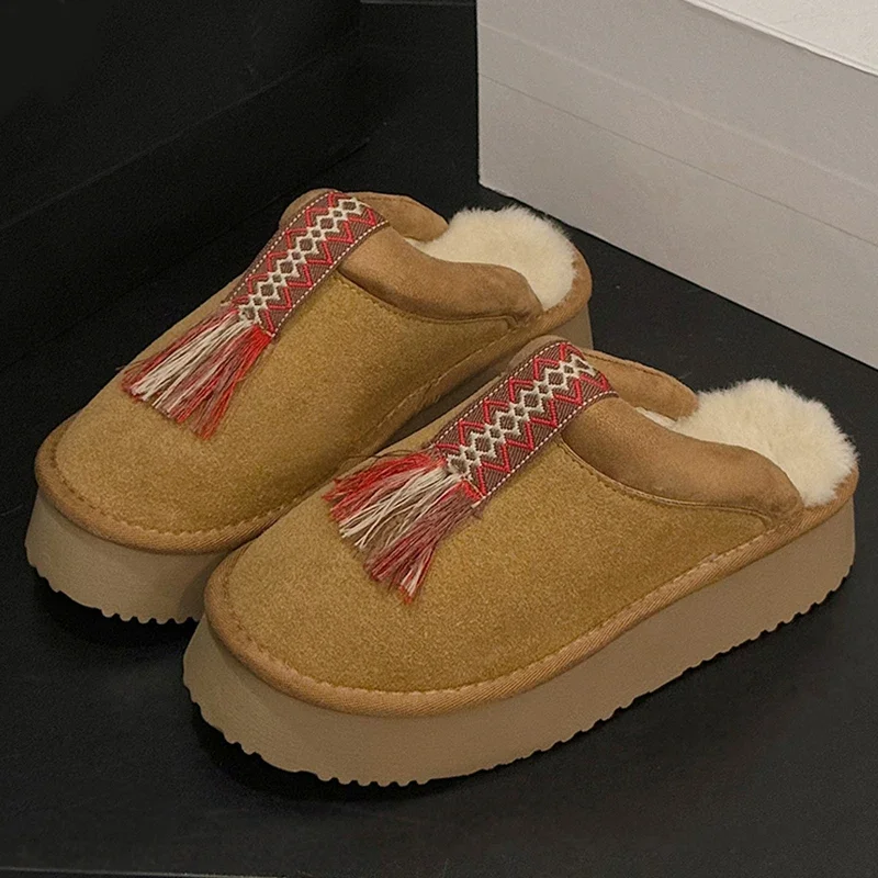 Fringe Women Flats Platform Warm Slippers Cotton Shoes Short Plush Boots Woman 2024 Trend Home Flip Flops Slingback Mujer Botas