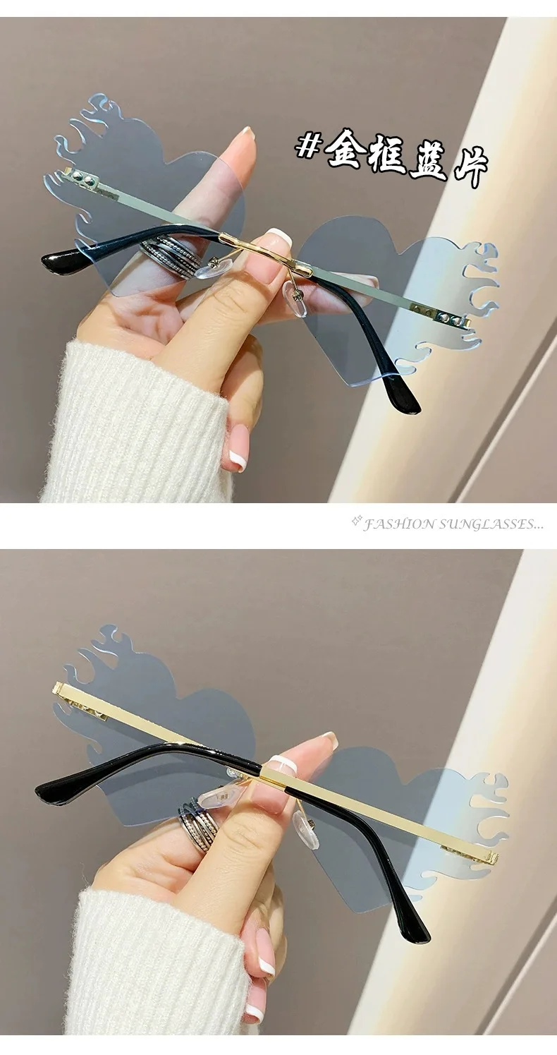 Neue Randlose Herz-Sonnenbrille mit Metallrahmen für Damen und Herren, Flammen-Sonnenbrillen für Frauen und Männer, Party- und Reisebrillen – Detail 13