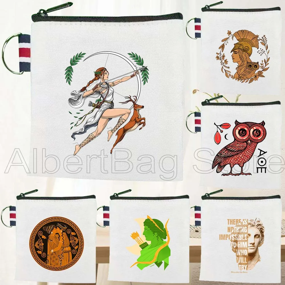 

Cute Ancient Greek Athenian Amphora Athena Owl Greece Gifts Canvas Coin Purse Bag Small Square Key Storage Card Bag Wallet Pouch