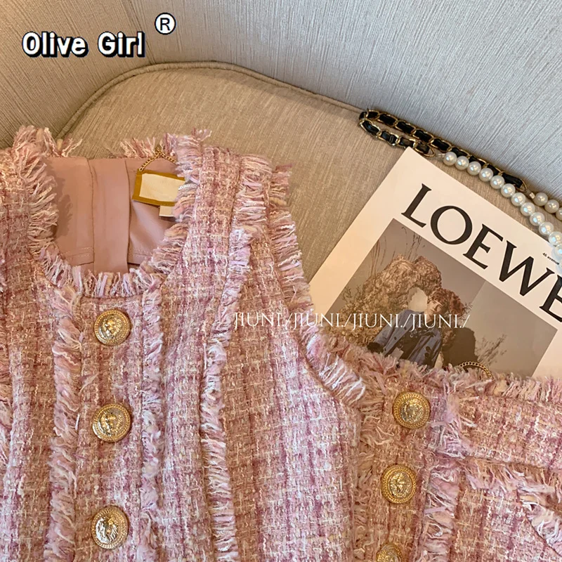 Olivegirl Women Sleeveless Top+ Mini Skirt Suit  Korean Weave Plaid Tweed 2-Piece Set Summer Luxury Gold Button Party Outfit - view 4