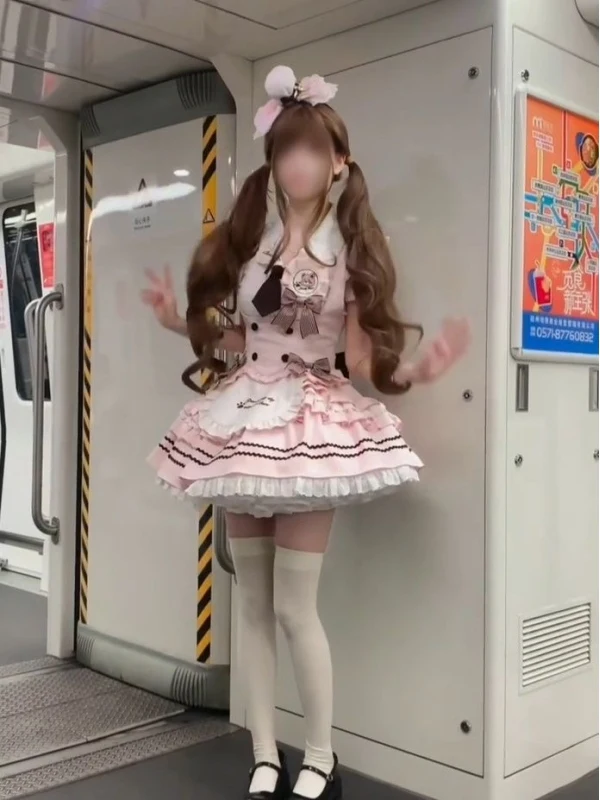 

Милая розовая блузка с кружевной отделкой, пышная юбка, комплект футболки в стиле Лолиты, летняя одежда с воротником из смеси полиэстера