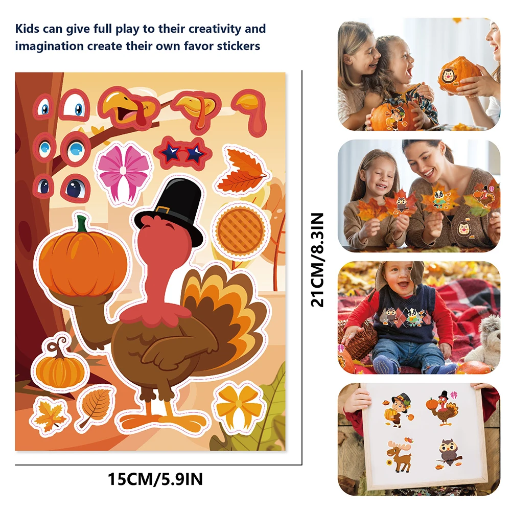 8/16Sheets Thanksgiving Day Turkey Puzzle Stickers Children Make a Face Cartoon Assemble Jigsaw Kids Toys DIY Game Decoration