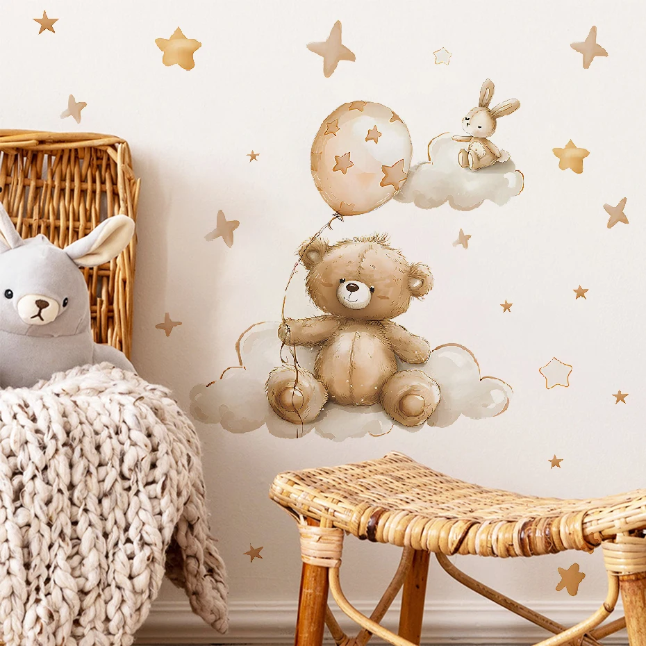 

Cartoon Bear Holding Balloons Rabbit Star Wall Stickers Kids Room for Home Decoration Bedroom Wall Decals Living Room Decal