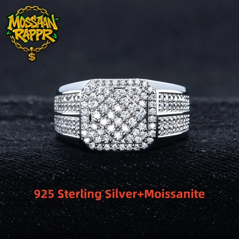 

MossanRappr 1.06cttw D Color Moissanite Diamond Men Ring 925 Sterling Silver Gold Plated Luxury Engagement Rings Hip Hop Jewelry