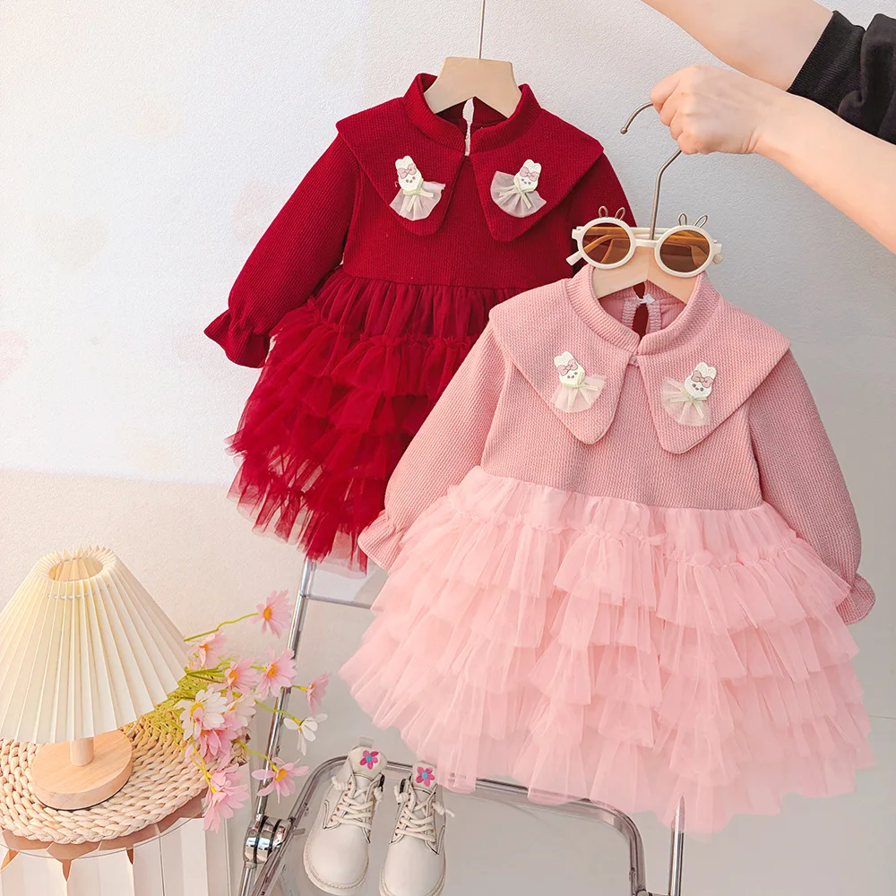 

Baby Girl Dress Spring/Autumn Cotton Solid Color Mesh Long Sleeved Collar Baby Dress Cartoon Cute Princess Dress Girls' Clothing