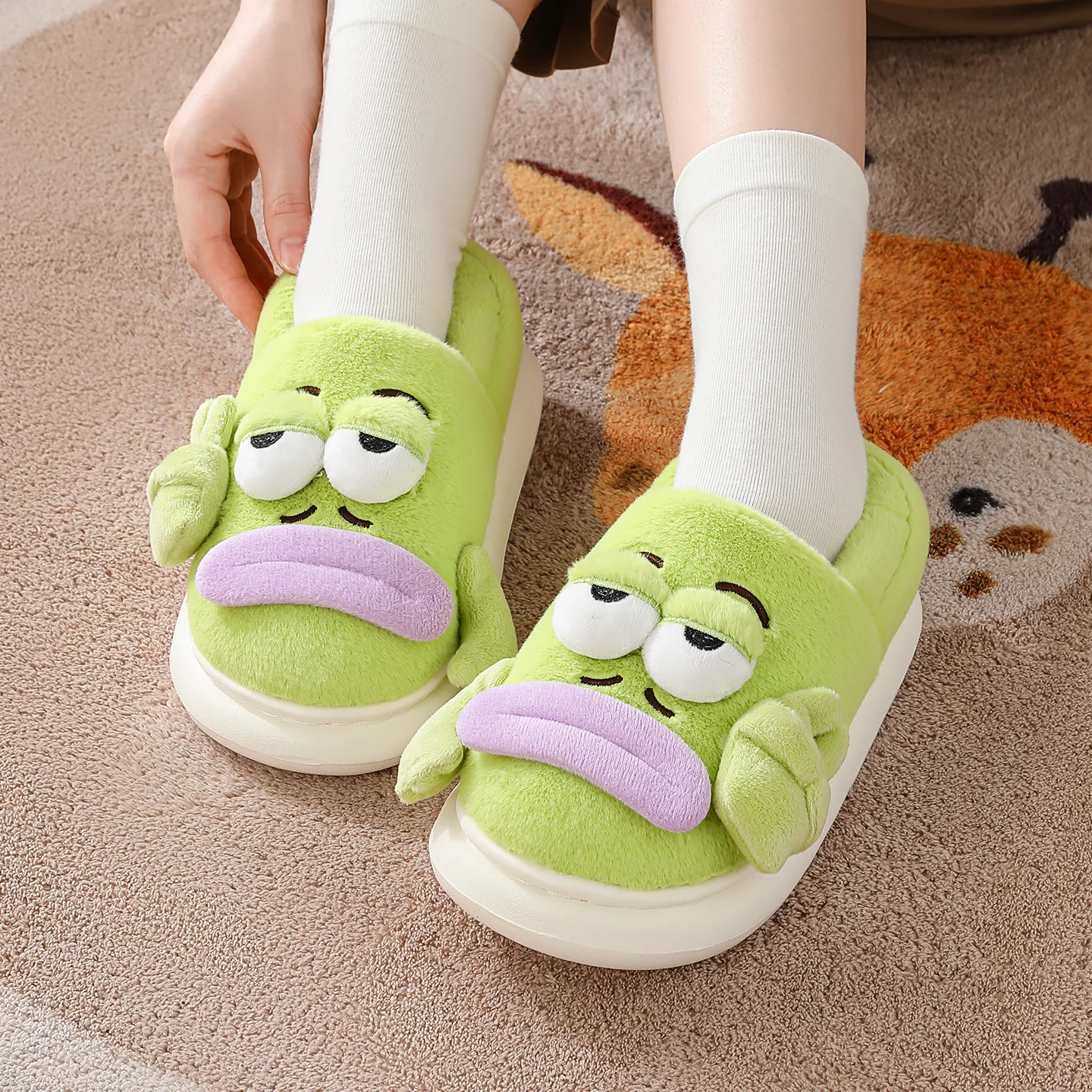 ZUOFU Cute Lazy Fish Closed Back Fluffy Plush House Slippers, Unisex Autumn Winter Non Slip EVA Sole Warm Indoor Cotton Shoes