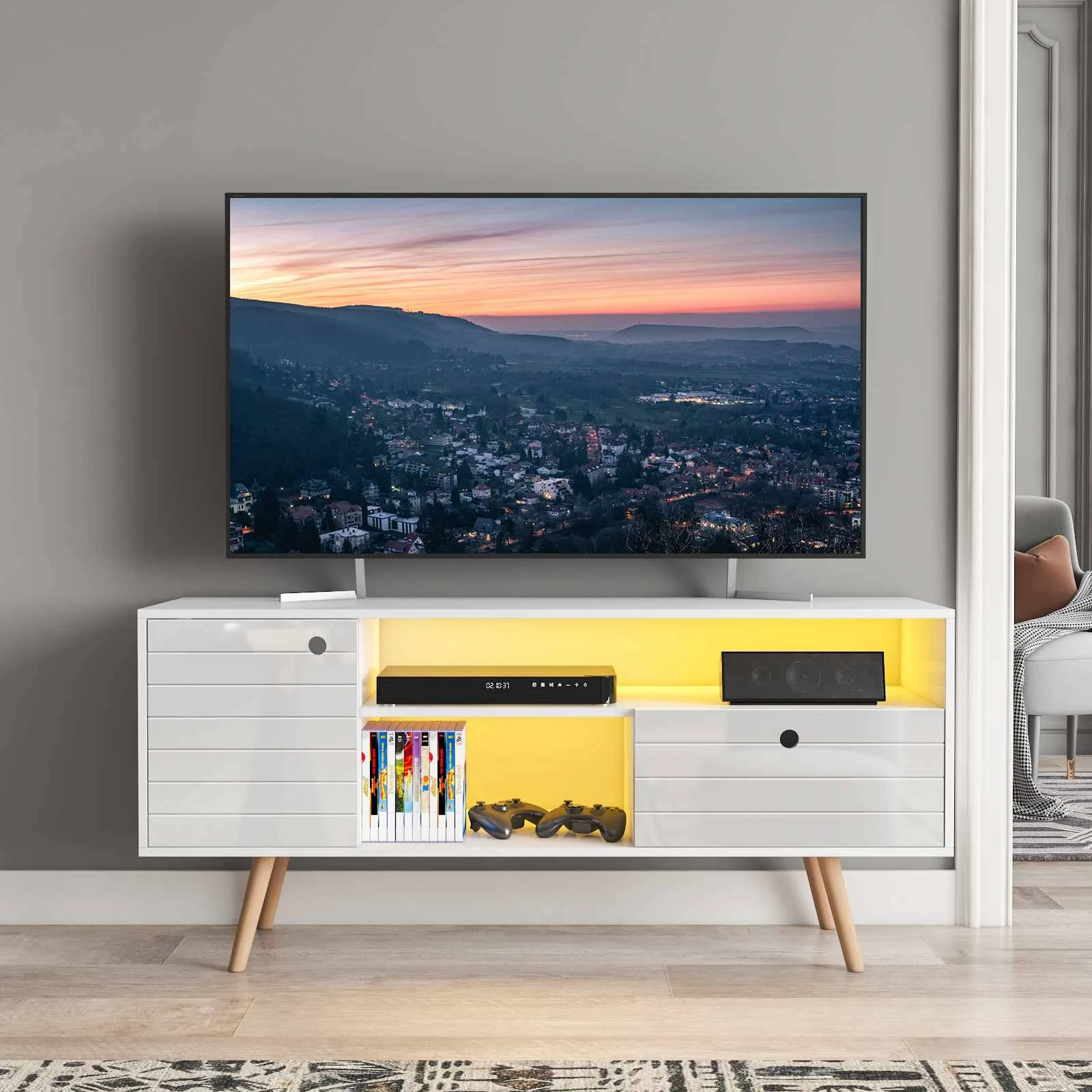 

LED TV Stand for 55-60 inch TV Modern LED Entetainment Center with Storage Cabinet Wooden LED Media Console Living Room White