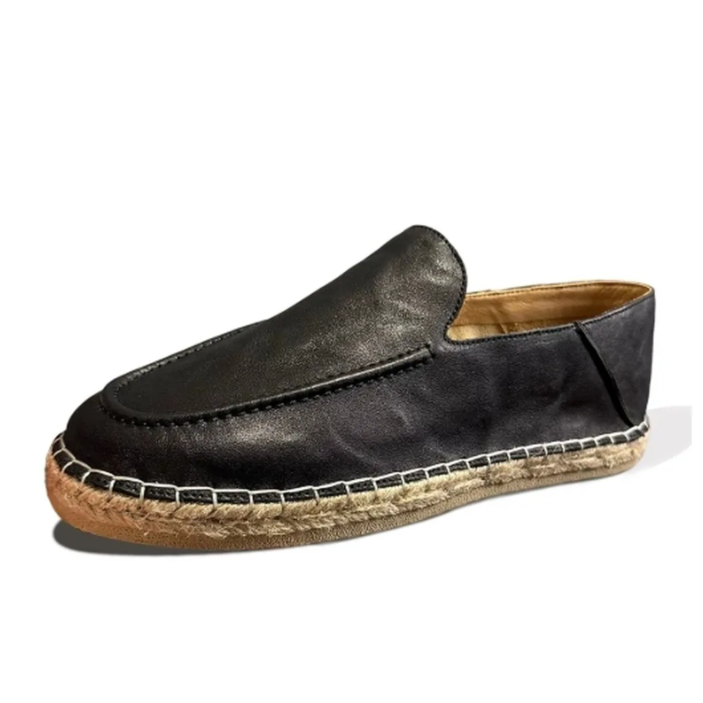 Mocasines de cuero negro para hombre, suela de esparto tejida, parte superior suave, zapatos casuales para caminar a diario