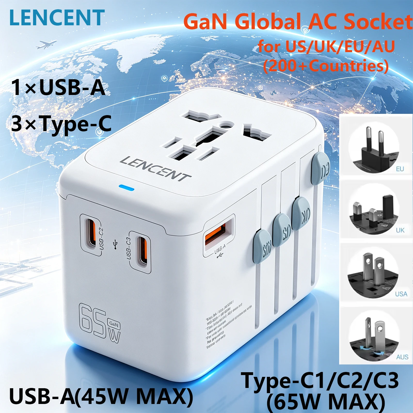 LENCENT 65W GaN Universal Travel Adapter with 3 Type C+1 USB Ports Fast Charging Socket with EU/UK/USA/AUS Plug for Travel