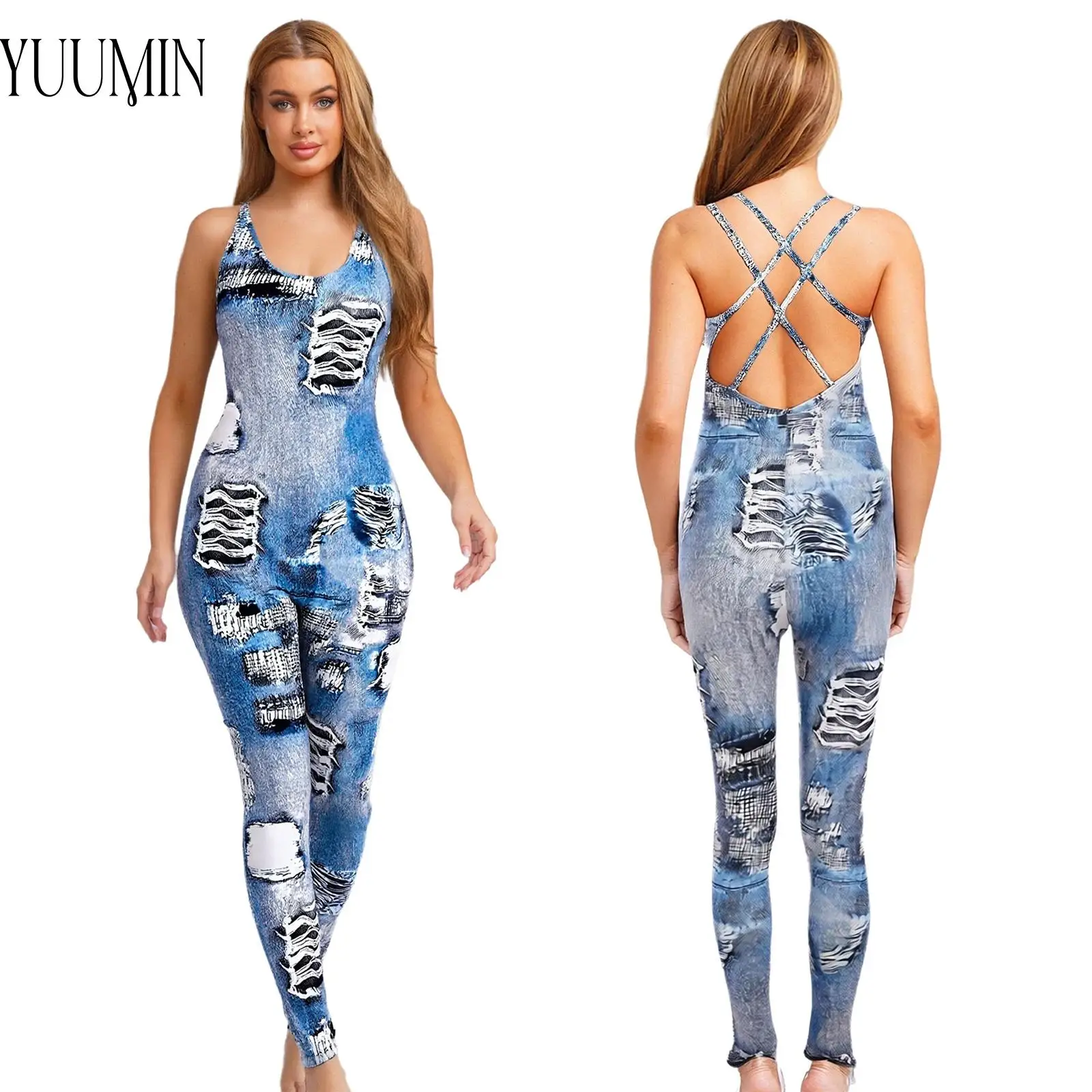 Women Fashion Imitation Denim Printed Yoga Jumpsuit Sleeveless Crisscross Strappy Athletic Bodysuit Sportswear Party Clubwear
