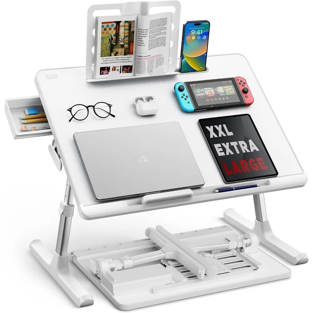 

Adjustable Foldable Laptop Bed Tray with Storage Drawer for Eating, Working, Writing, Gaming in White X-Large