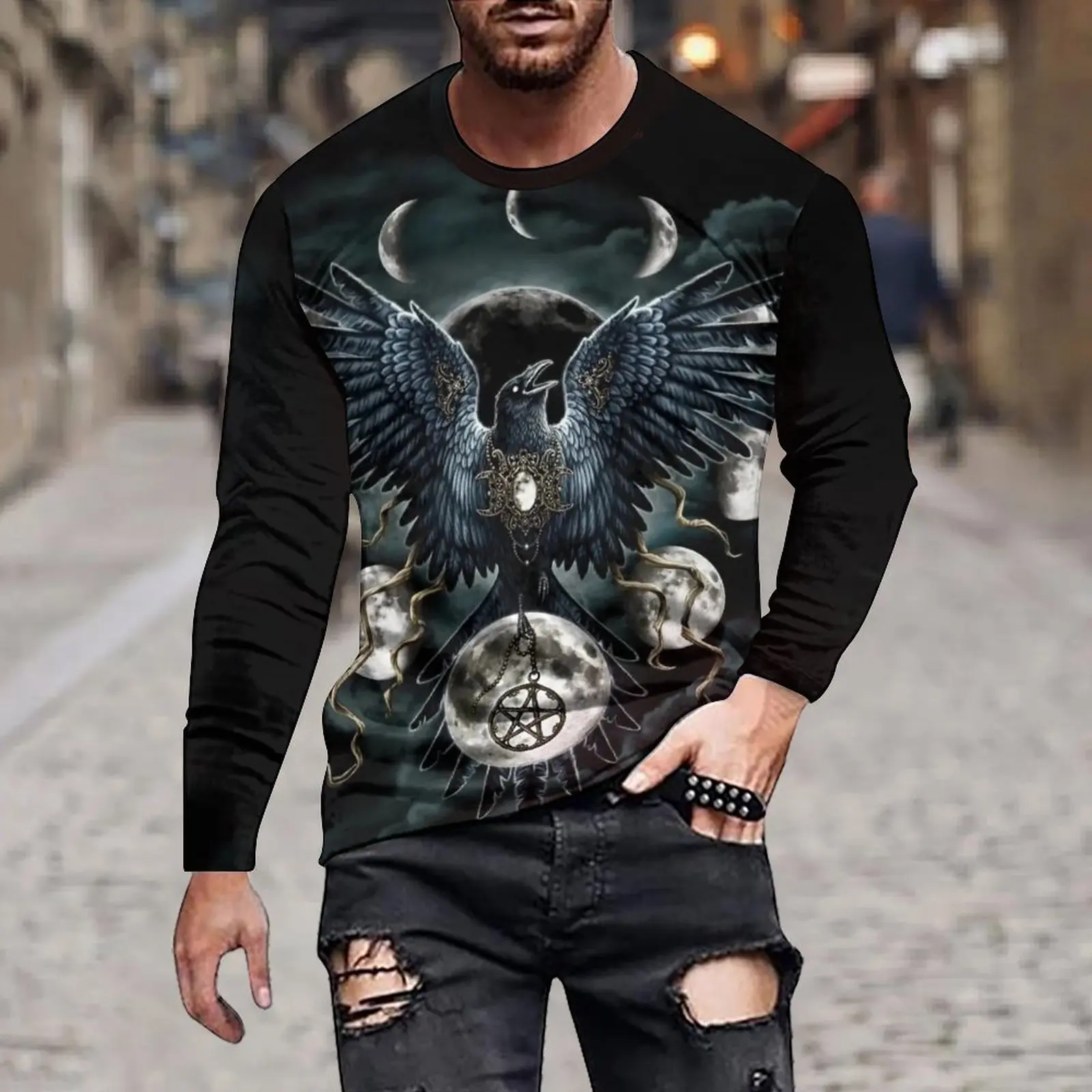 Men's Spring And Autumn Loose Casual 3d Simulation Animation Style Illustration Irregular Printed Round Neck Long Sleeve Hoodie