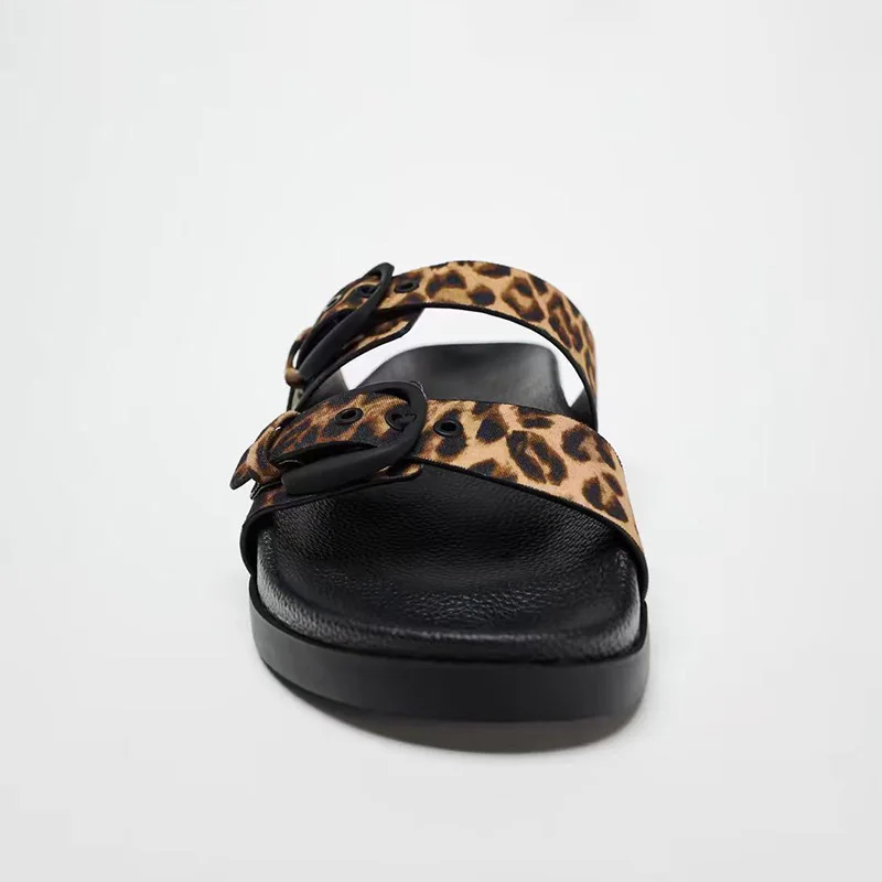 TRAF-Chinelos Flatform Superior de Fivela Leopardo para Mulheres, Cabeça Redonda, Dedo Aberto, Sandálias Solas Grossa, Chinelo De Moda Ao Ar Livre