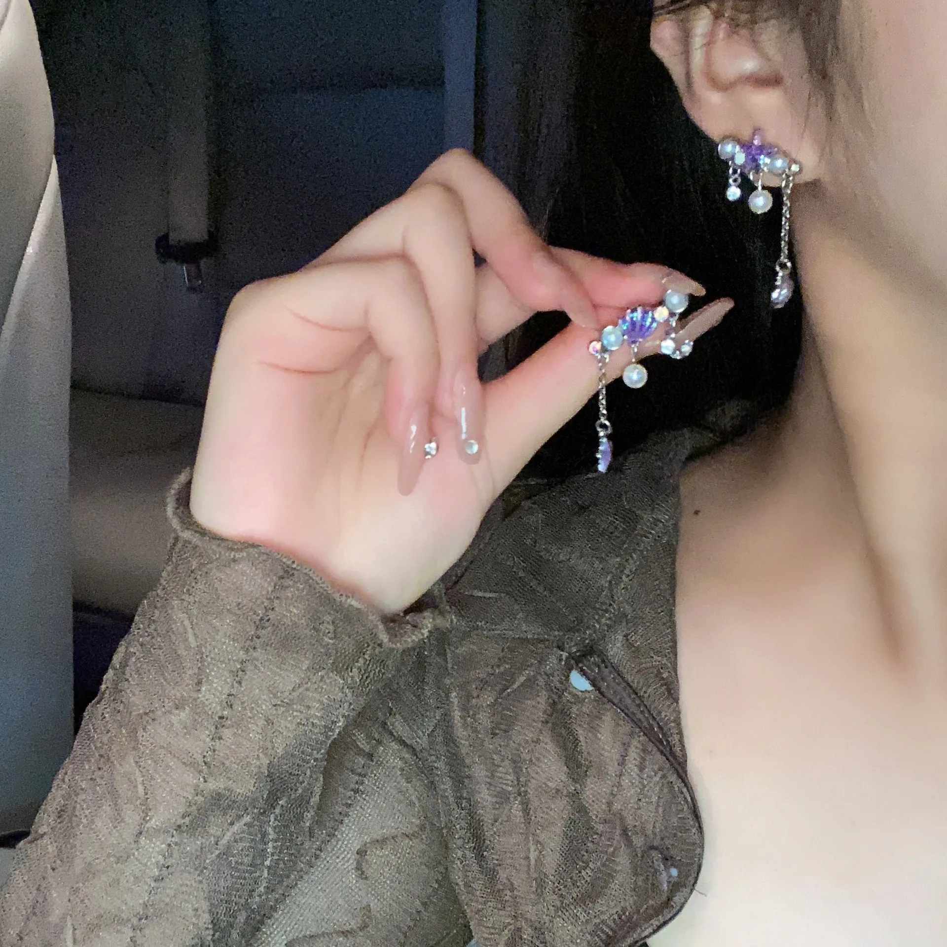 

Purple Starfish Shell Earrings for Women Sweet Long Crystal Pearl Asymmetric Tassel Earrings Gentle Temperament Ear Clip