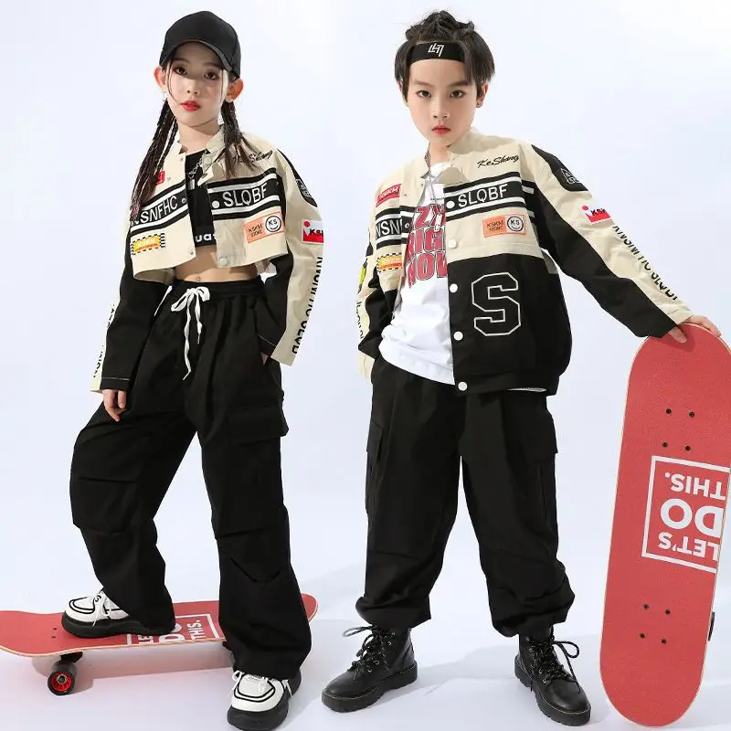 Girls Locomotive Jacket Black Hip-Hop Pants Jazz Performance Costume Boys Streetwear Rave Fashion Kids Kpop Clothes