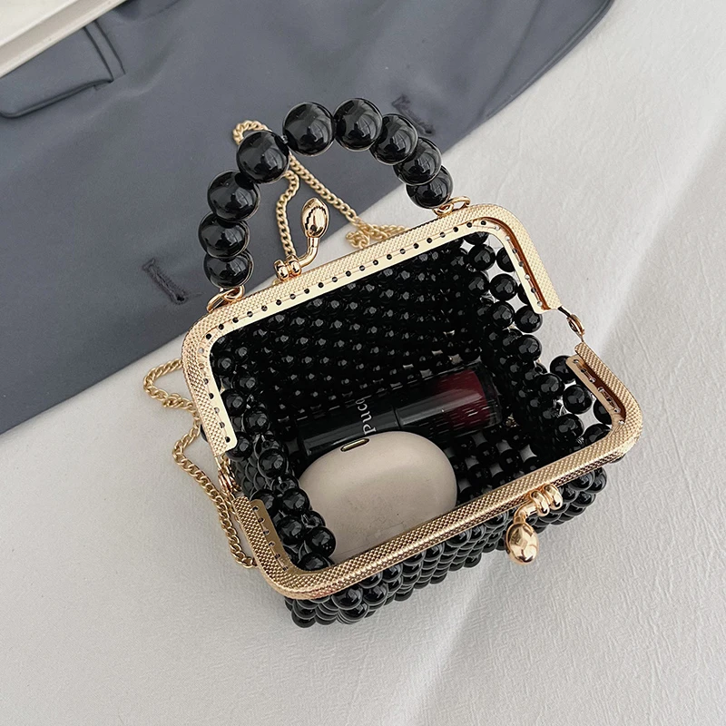 Luxuriöse Designer-Damentasche, handgefertigte Perlen-Tasche, neue Ketten-Schulter-Crossbody-Tasche, Mini-Lippenstift-Etui, Vintage-Perlen-Abendtasche – Detail 5