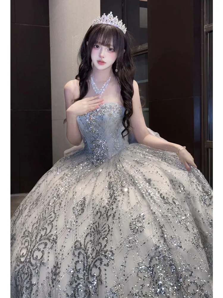 Lief meisje mouwloze lange balavondjurk met hoge taille High Sense verjaardag Bright Host Party Tube Top prinses maxi-jurken