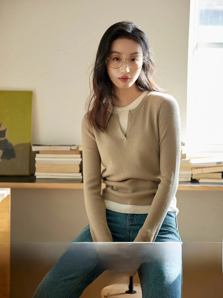 

Ginnkee Wool Blend Knitwear Casual Sle Long Sve Overhead Fake Two-Piece Women's Spring Autumn Knitted Top Quali Faion