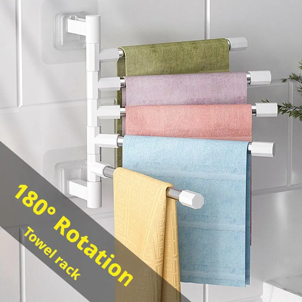 Wall Mounted Non Perforated Rotating Towel Rack Movable Bathroom Storage Pole Hanging Rack Drying Storage for Bathrooms
