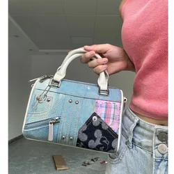 JIAERDI Retro Denim Messenger Bag Purse Women Vintage Patchwork Handle Y2k Bowling Bag Ladies Hot Girls Crossbody Hand Bags New