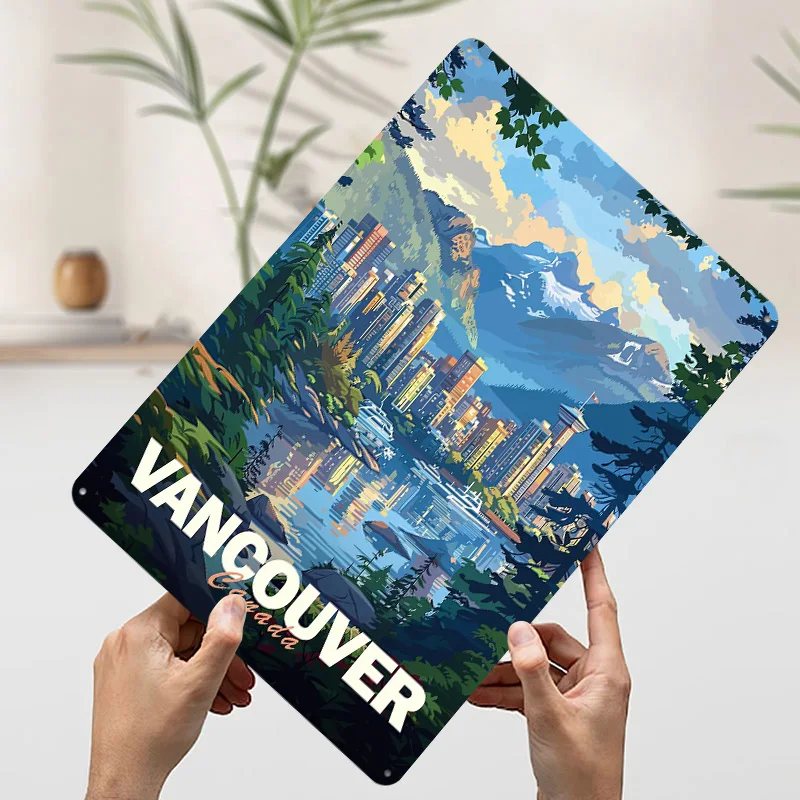 فانكوفر سيتي سكيب ملصق معدني علامات القصدير ديكور المرآب في المنزل علامة معدنية مخصصة للجدار ديكور فني عناصر ديكور المنزل