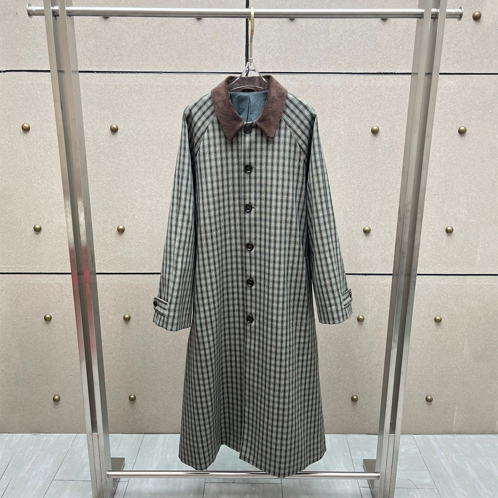 Women Vintage Plaid Long Trench Jacket 100% Cotton Contrast Corduroy Collar Raglan Sleeve Single‑Breasted Loose Outer Coat