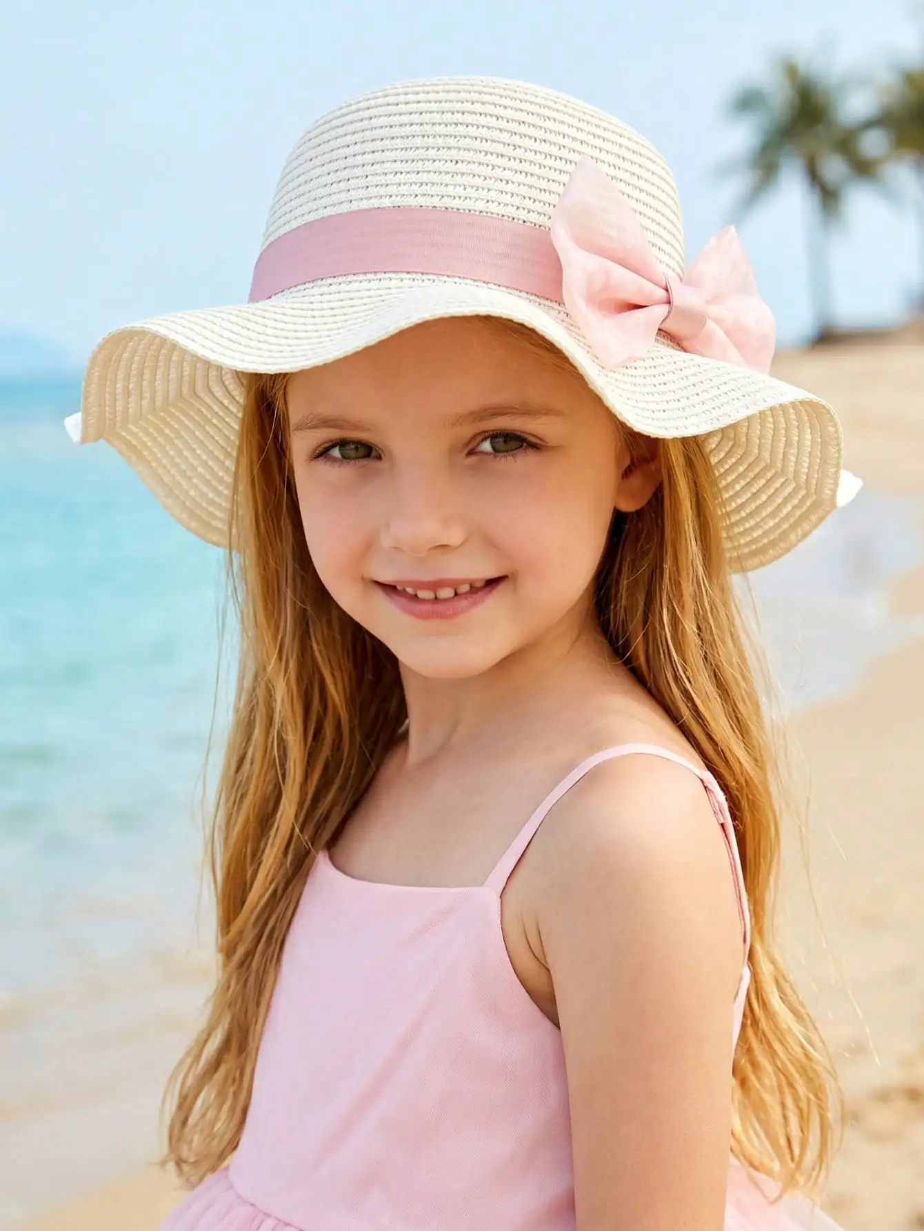 1Pc 3-8Y Girls Beige Wavy Straw Hat Pink Floral Bow Lightweight Breathable Summer Sun