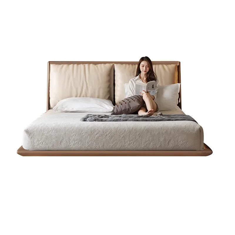 

Italian minimalist first layer cowhide leather bed, bedroom household suspended double bed