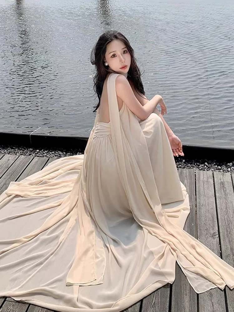 Elegante backless lange jurken lente dames mouwloze halterjurk zomer hoge taille losse trui rits knielengte jurk