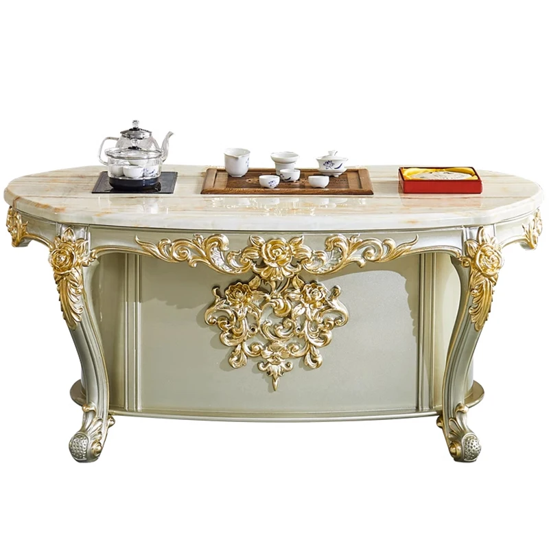 

European-style solid wood carved marble tea table, villa clubhouse, office, kung fu tea table